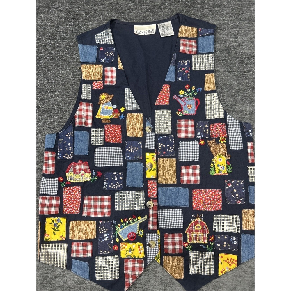 VTG Casey & Max Patchwork Embroidered Vest Women's M Cottagecore Farmhouse 90's